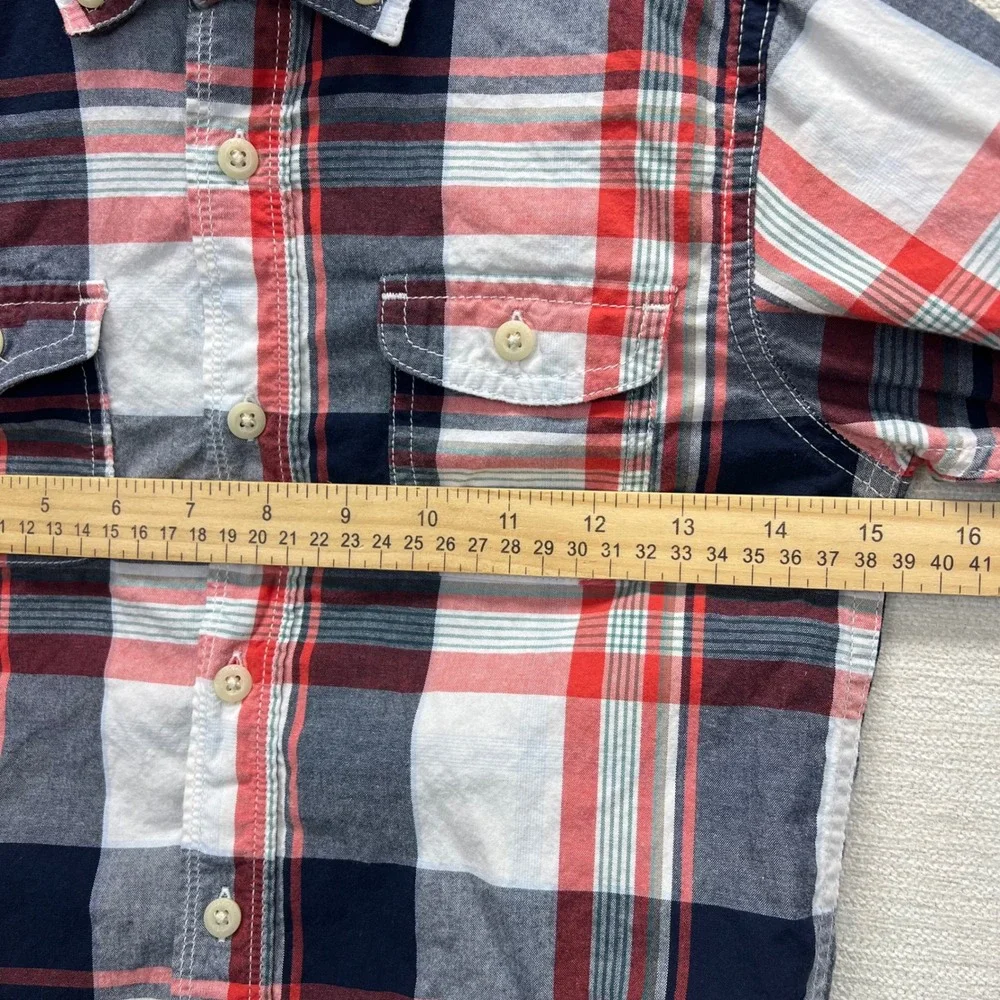 OshKosh Bgosh Plaid Button Down Shirt Boys‎ 6 Red Navy Blue Long Sleeve Pockets